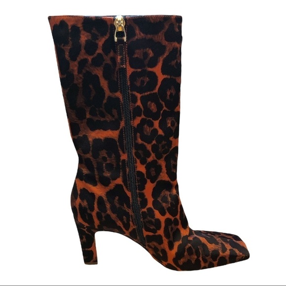 The Saddler | NWOB Mid Calf Red Leopard Print Satin Square Toe Boot - Size IT37 - Picture 2 of 8